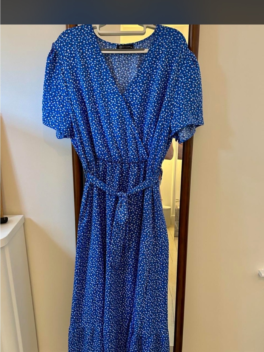 Blue Floral Wrap Midi Dress with Tie Waist